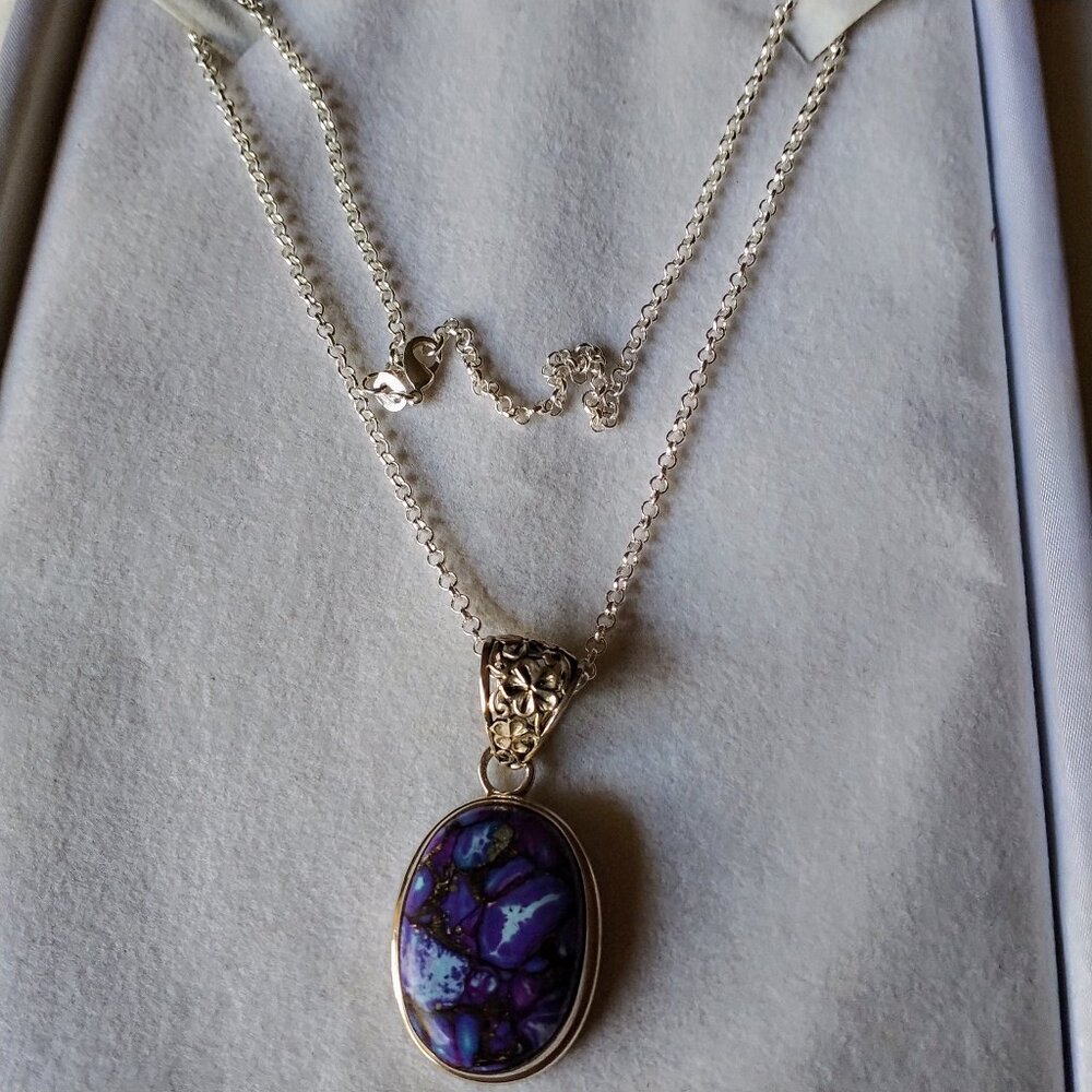 925 Sterling Silver Purple Copper Turquoise Gemstone Pendent STERLING 925 CHAIN